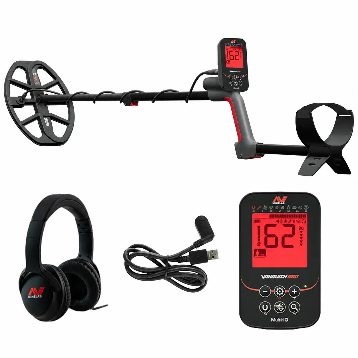 Minelab Vanquish 560 metal detector with V12X search coil, Minelab wired headphones, and USB charging cable