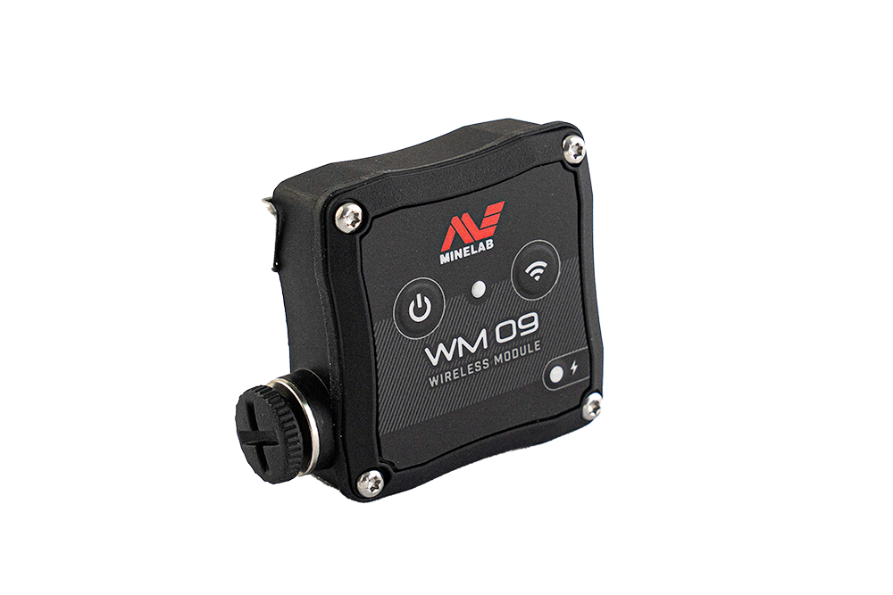 Minelab WM09 wireless headphone module angled view showing 3.5 mm threaded headphone socket
