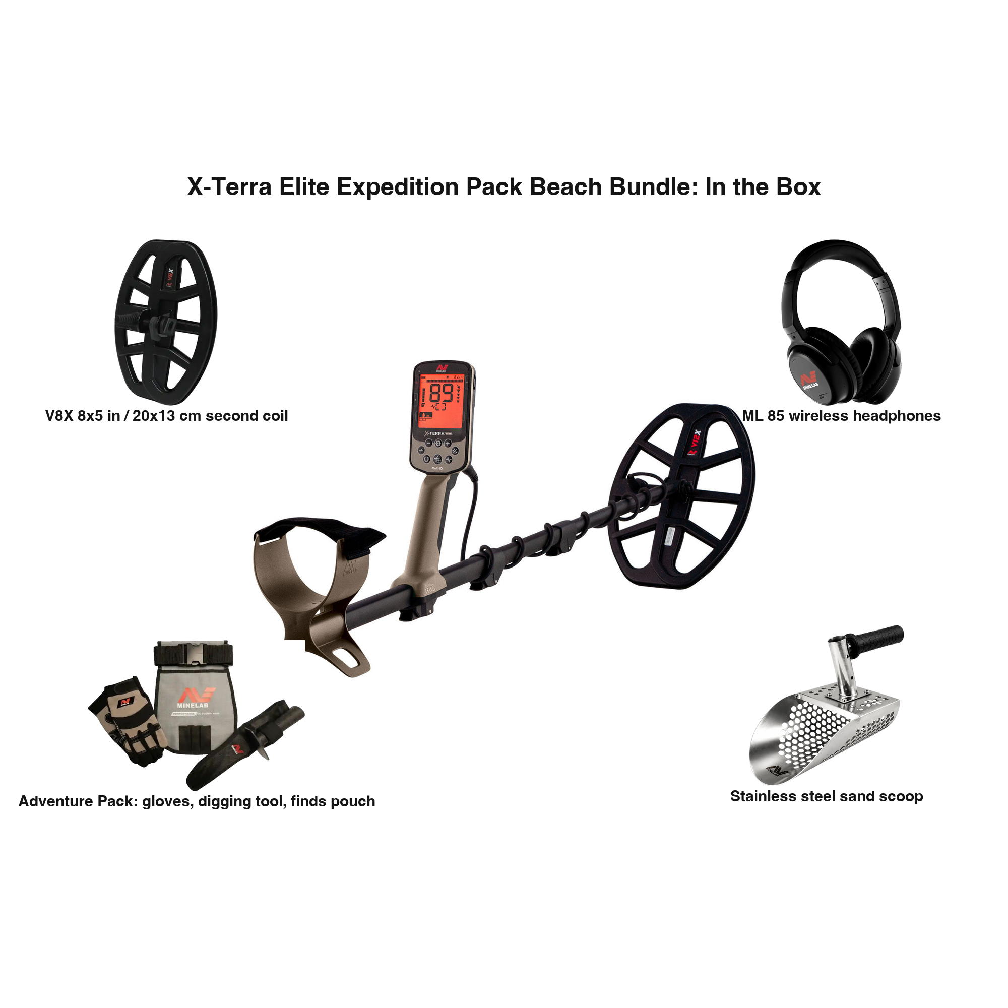 Labeled contents of the Minelab X-Terra Elite Expedition Pack Beach Bundle 3707-1019 with part names: X-Terra Elite with V12X 12x9 in coil, V8X 8x5 in coil, ML 85 wireless headphones, Adventure Pack, stainless steel sand scoop