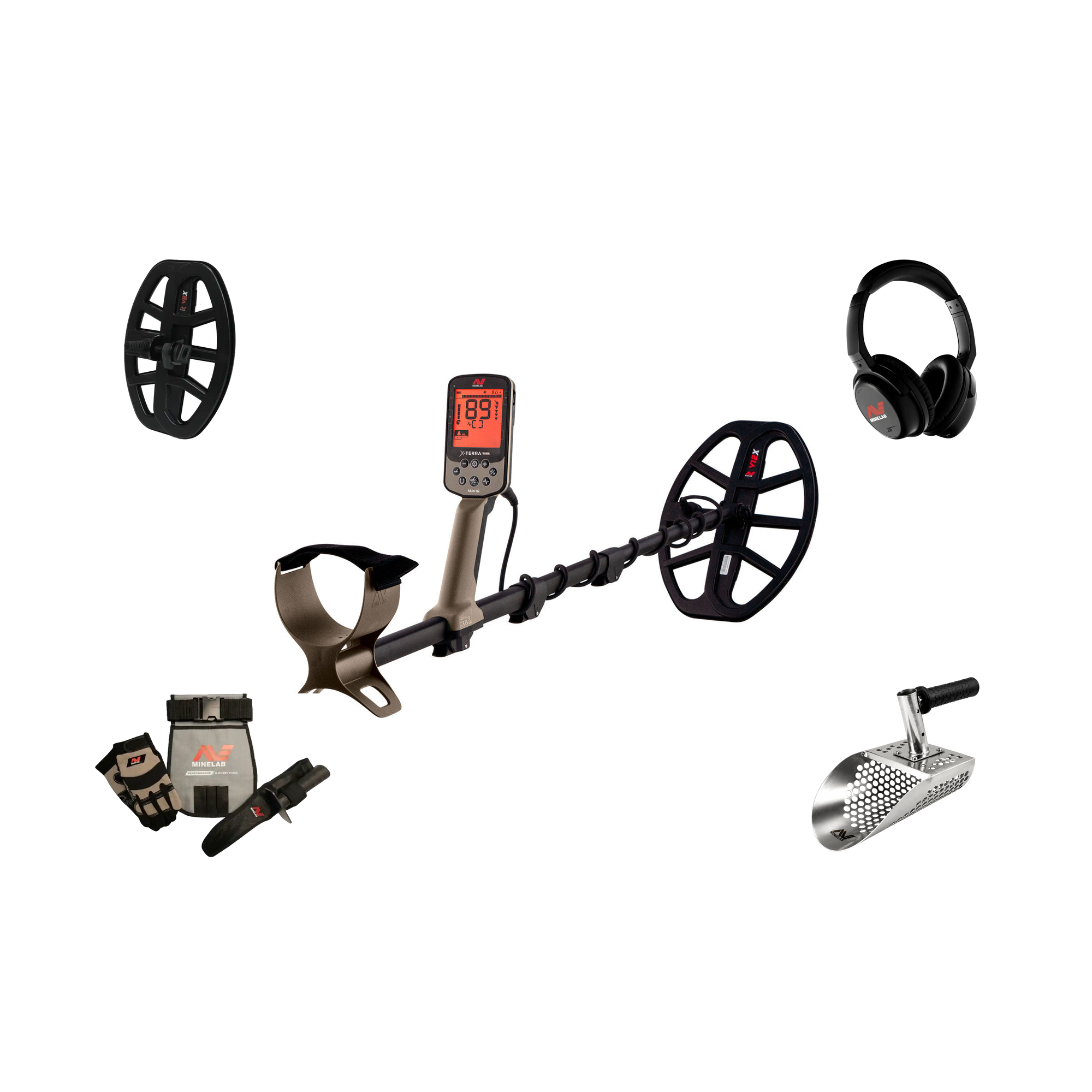 Minelab X-Terra Elite Expedition Pack Beach Bundle 3707-1019 contents: X-Terra Elite with V12X coil, V8X second coil, ML 85 wireless headphones, Adventure Pack gloves, digging tool and finds pouch, and stainless steel sand scoop