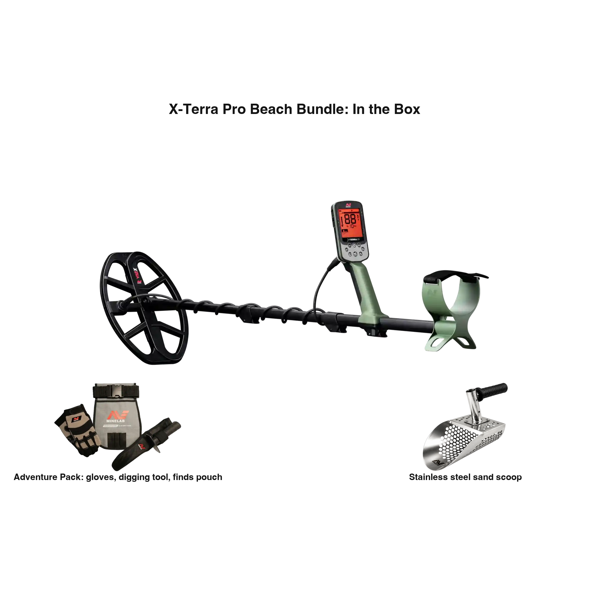 Labeled contents of the Minelab X-Terra Pro Beach Bundle 3707-1018 with part names: X-Terra Pro with V12X 12x9 in coil, Adventure Pack gloves, digging tool and finds pouch, stainless steel sand scoop