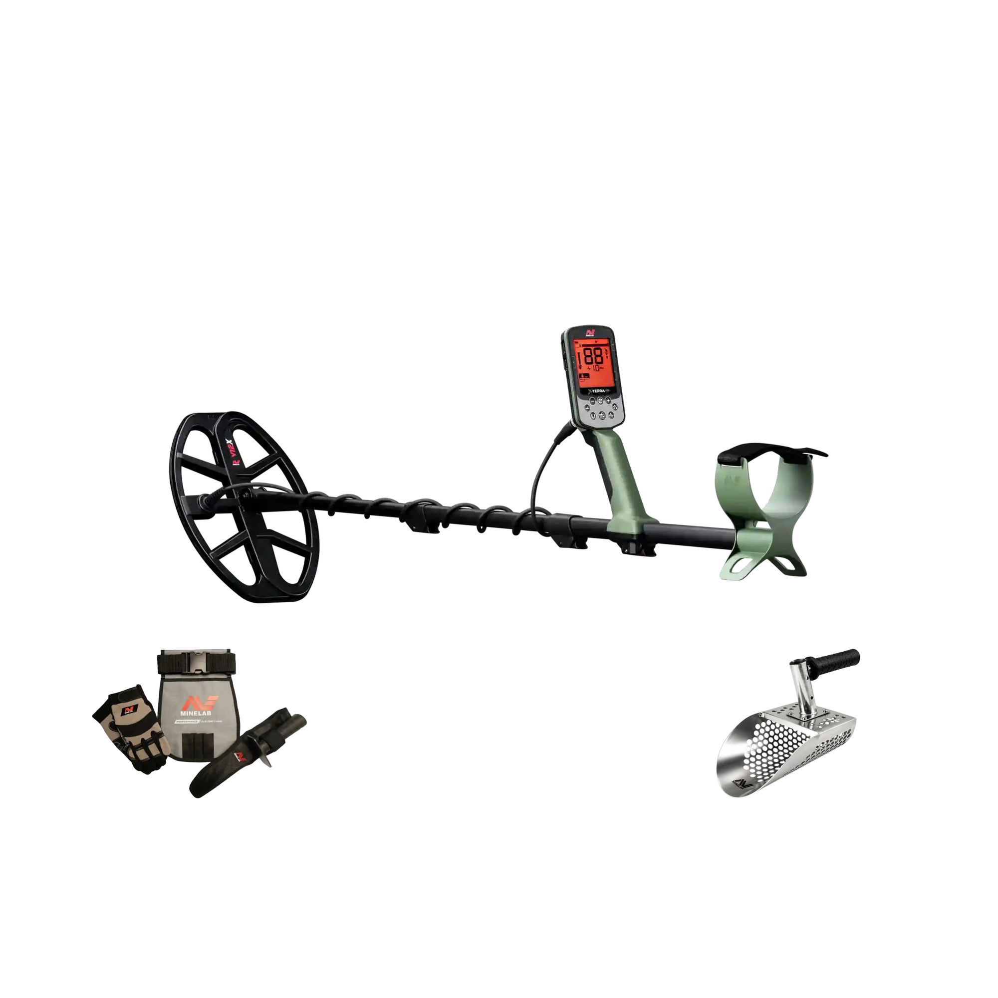Minelab X-Terra Pro Beach Bundle 3707-1018 contents: X-Terra Pro detector with V12X coil, Minelab Adventure Pack gloves, digging tool and finds pouch, and Minelab stainless-steel sand scoop