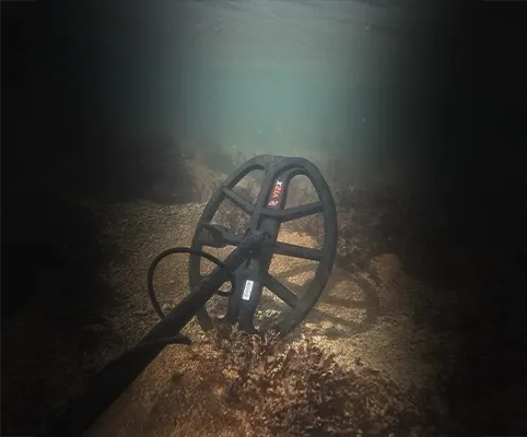 Minelab X-Terra Pro V12X coil detecting underwater, fully submersible to 16 ft / 5 m