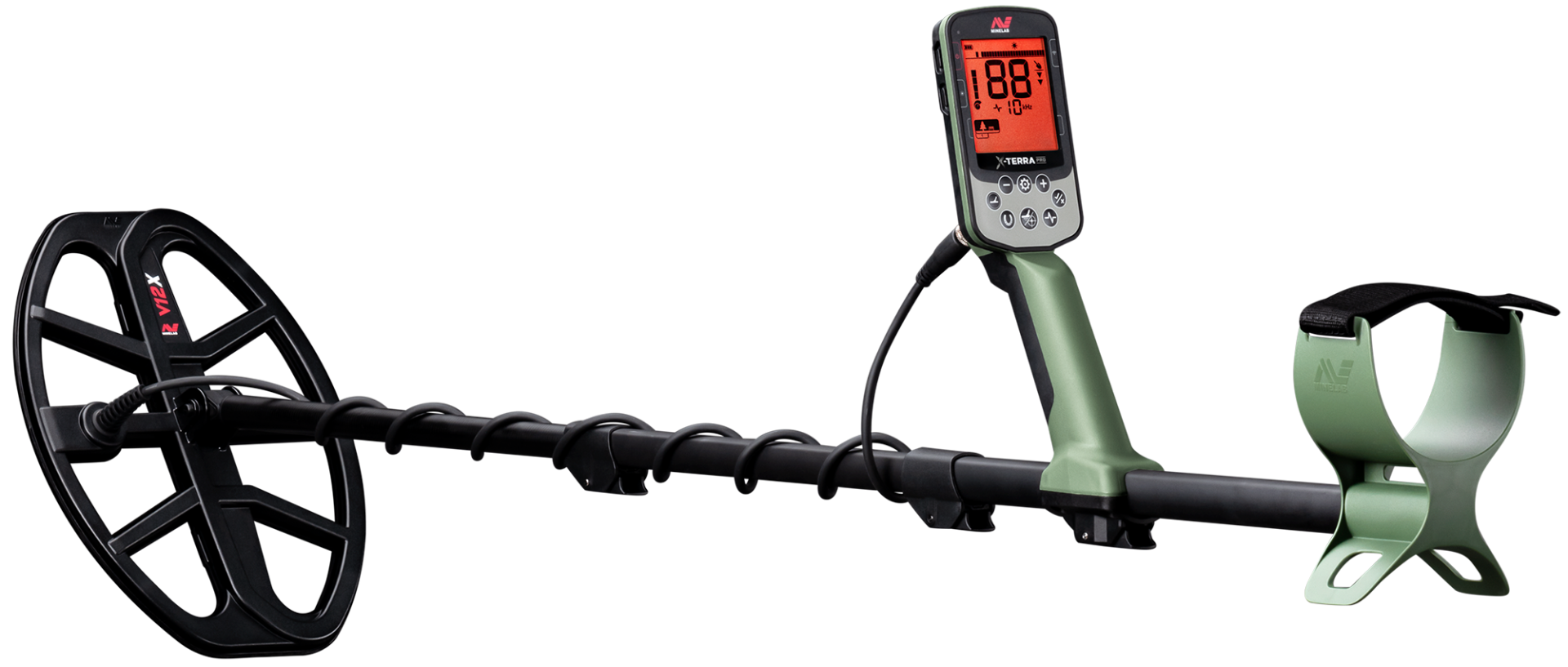 Minelab X-Terra Pro waterproof metal detector, full machine studio view with V12X coil