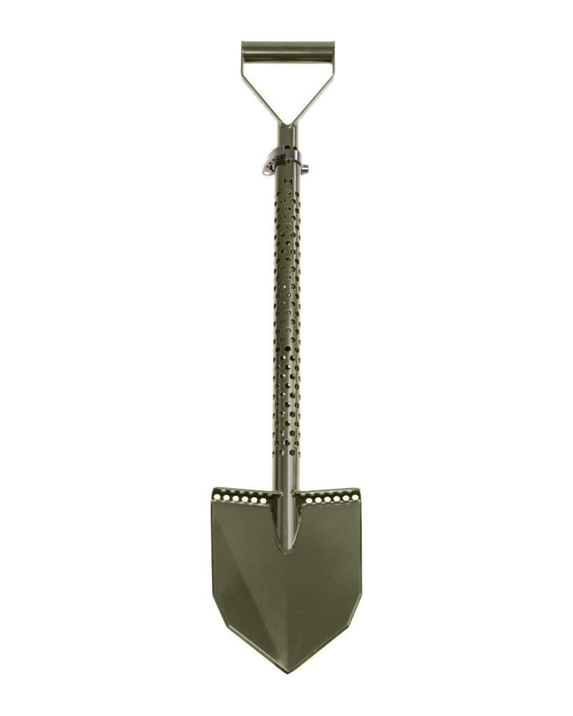 Motley Field V-point shovel in green with smooth stealth blade, hexagon shaft and quick-release clamp