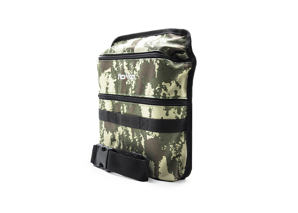 Genuine Nokta camo finds pouch 17000359, side view showing belt with quick-release buckle