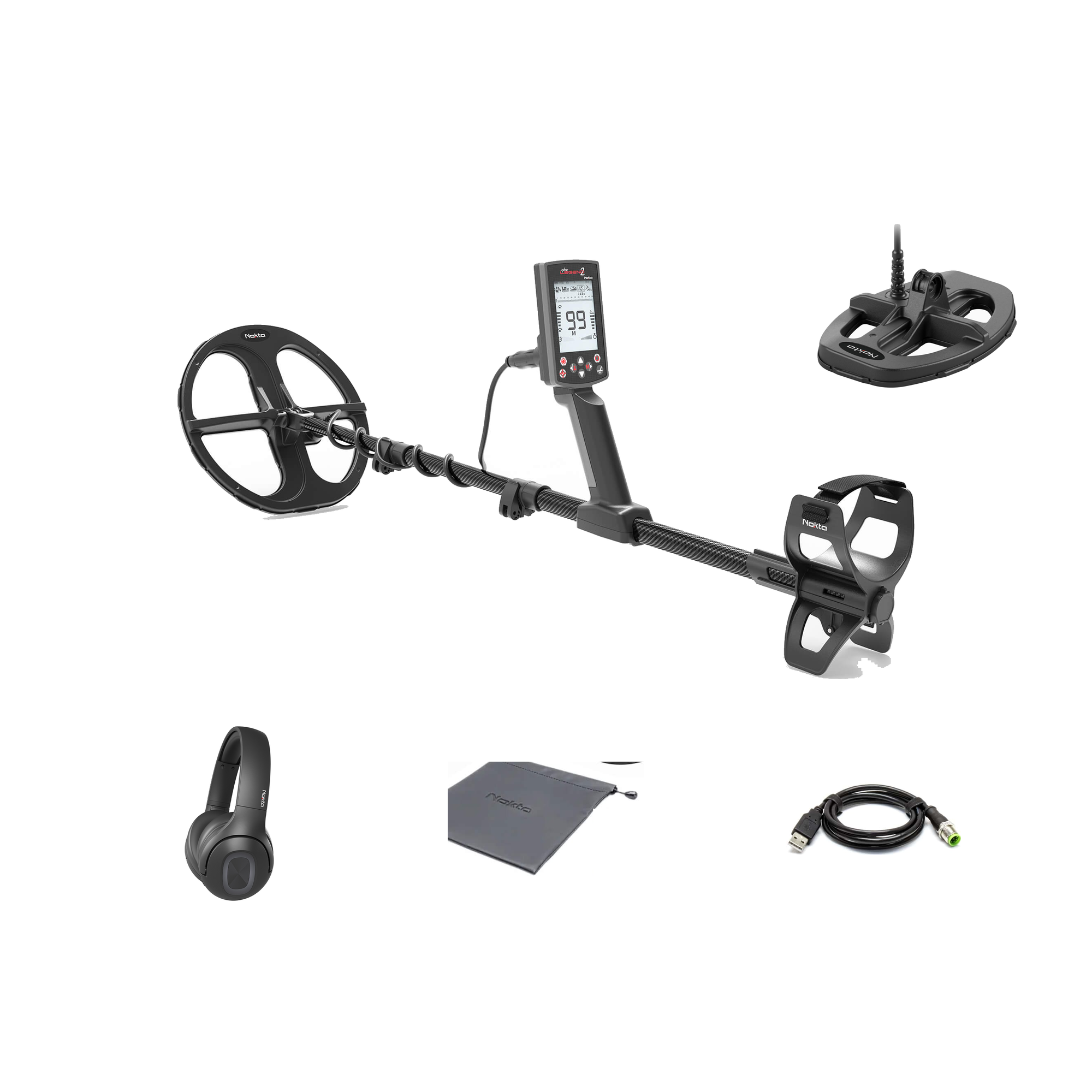 Nokta Legend 2 metal detector contents: detector with LD28 11 in search coil, LD21 8 x 5.5 in search coil, Bluetooth aptX low-latency headphones, headphone soft case, and USB charging cable