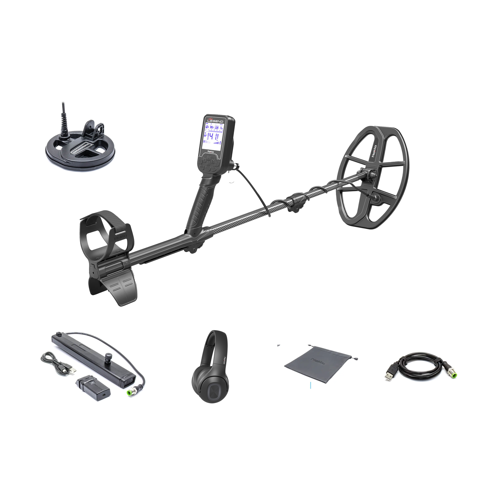 Nokta The Legend Pro Pack contents: detector with LG30 12 x 9 in search coil, LG15 6 in search coil, waterproof spare battery with charger, Bluetooth aptX low-latency headphones, headphone soft case, and USB charging cable