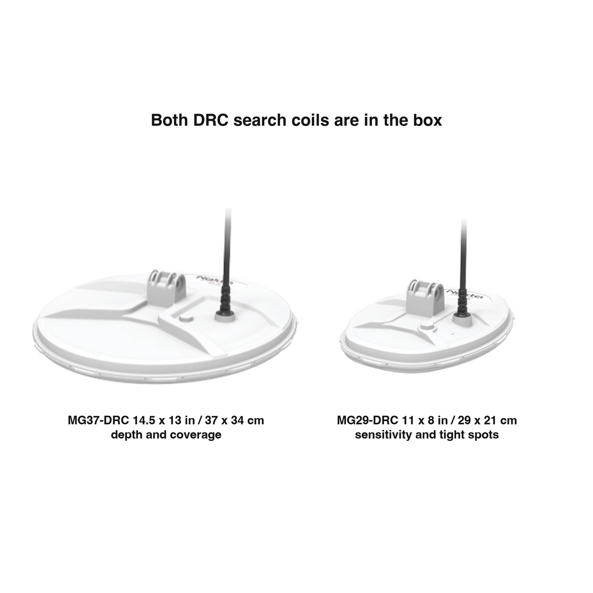 Both Nokta Magnetar 9000 DRC search coils side by side: MG37-DRC 14.5 x 13 in / 37 x 34 cm for depth and coverage, MG29-DRC 11 x 8 in / 29 x 21 cm for sensitivity and tight spots, both included in the box