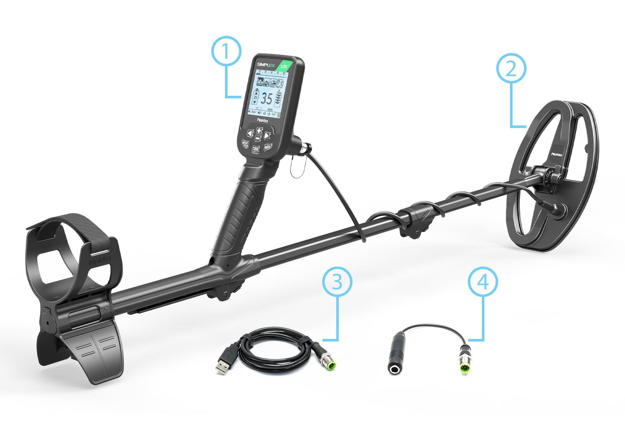 Nokta Simplex Lite package contents: detector, SX24 coil, USB cable, and 6.3 mm headphone adapter