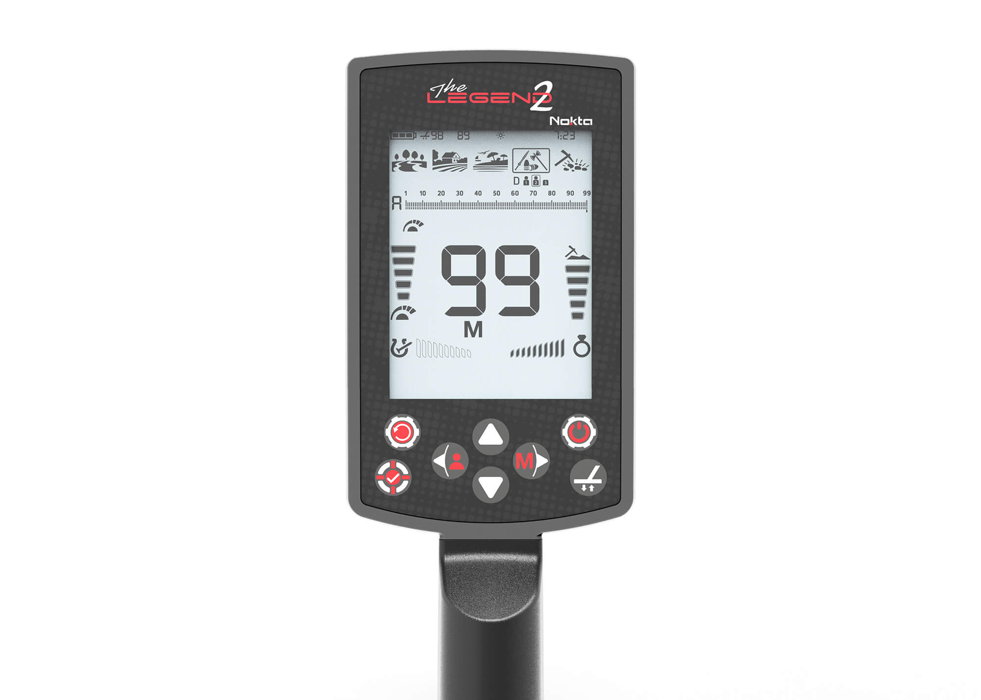 Nokta Legend 2 metal detector control box close-up showing the large LCD screen with target ID 99 and search mode icons
