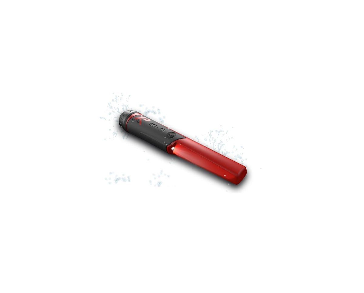 XP MI-4 waterproof pinpointer, red and black, LED lit at the tip, with water droplets: rated to 6 m (19.7 ft)