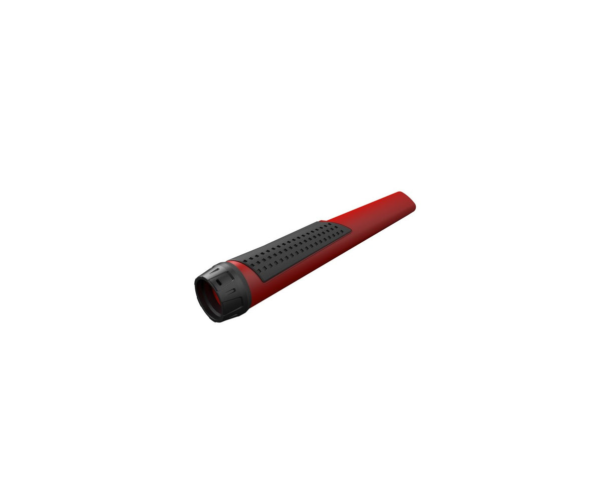 XP MI-4 pinpointer from behind: textured rubber grip, red detection tip and the screw-off charging cap