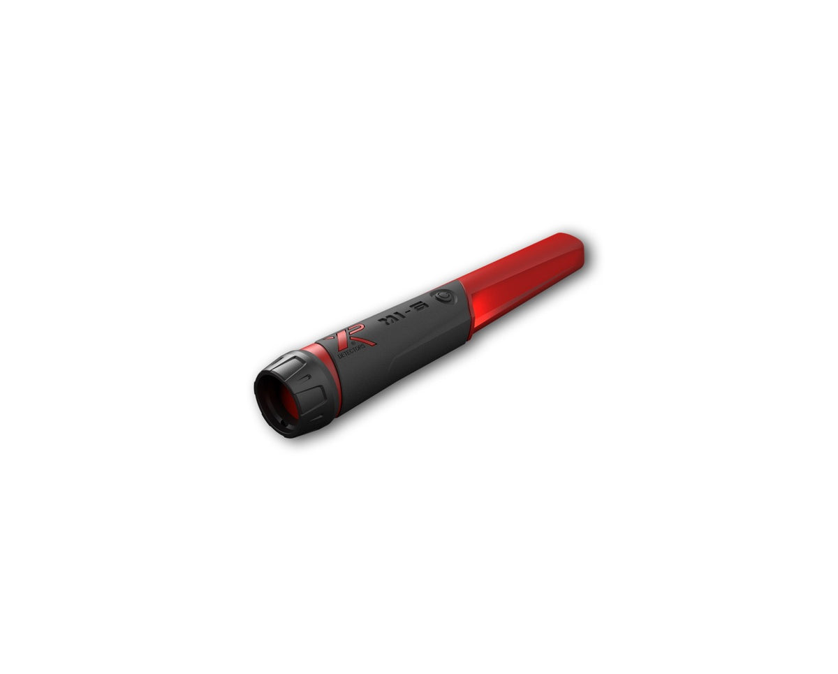 XP MI-6 wireless pinpointer, three-quarter view of the single control button, XP logo and red detection tip