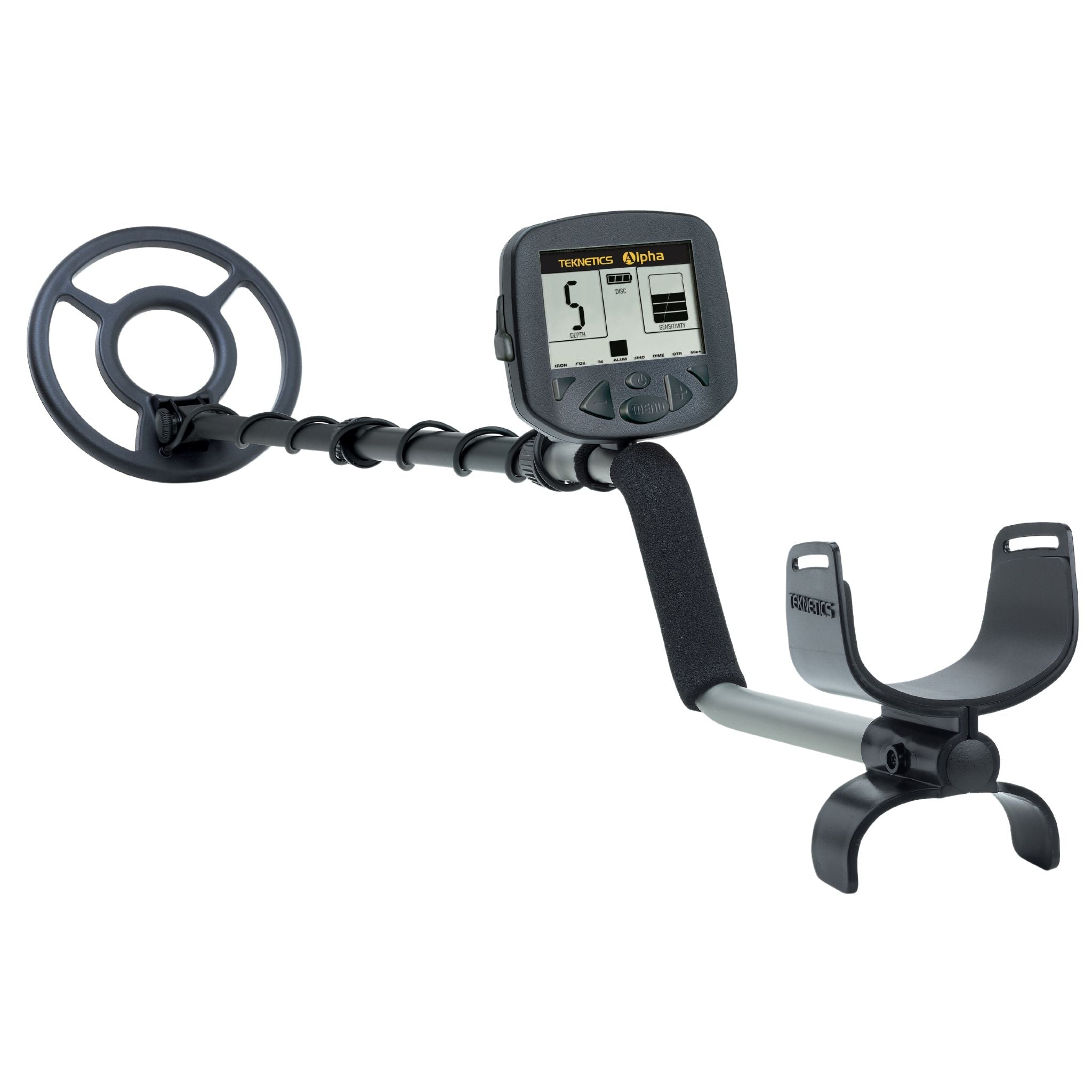Teknetics Alpha 2000 metal detector with concentric search coil on white background