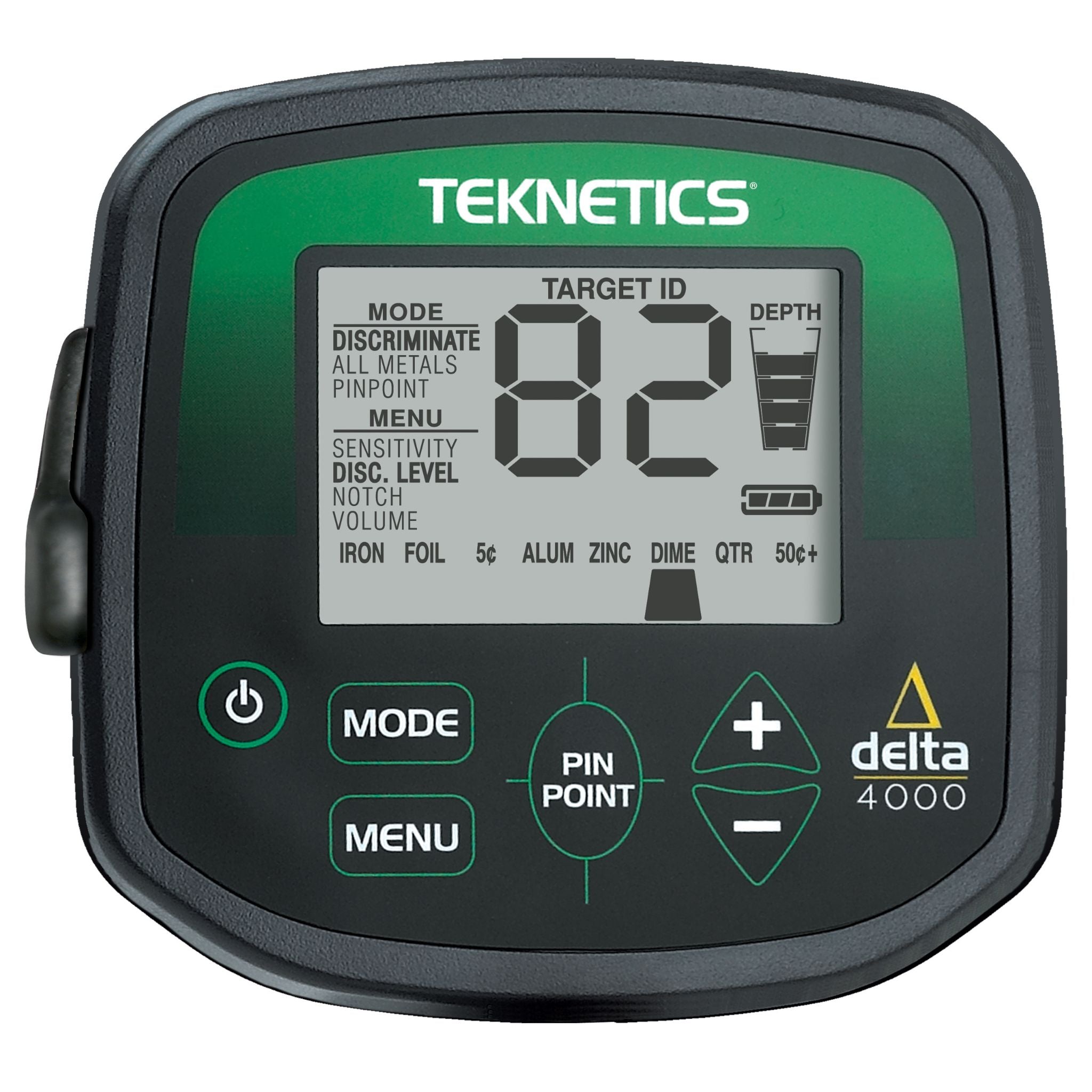 Teknetics Delta 4000 control panel showing target ID, depth and mode display