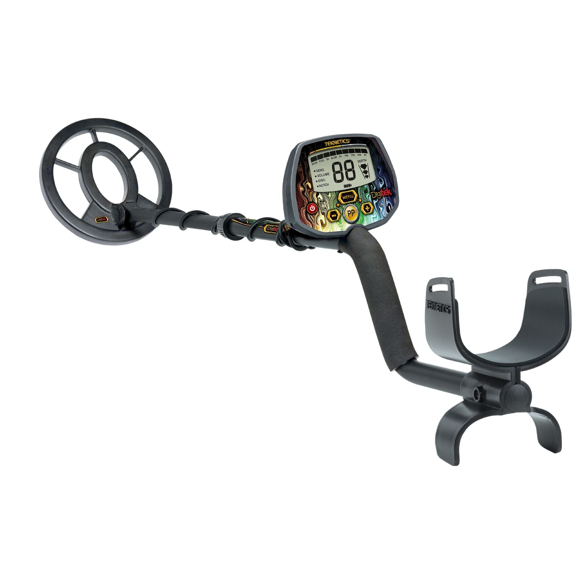 Teknetics Digitek youth metal detector with concentric search coil on white background