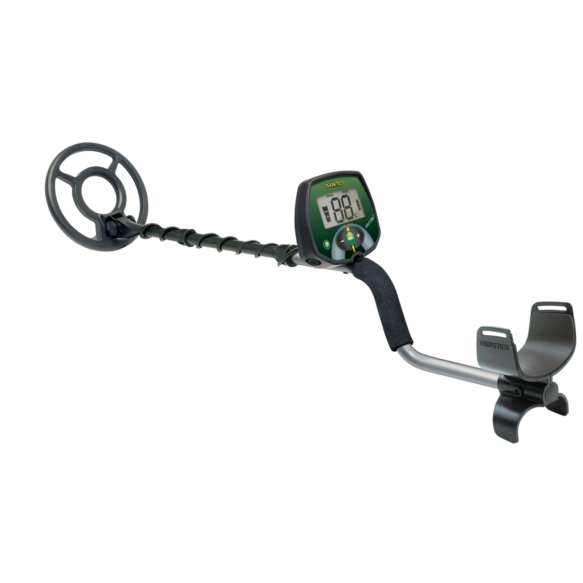 Teknetics EuroTek metal detector with 8 inch concentric coil and green control box on white background