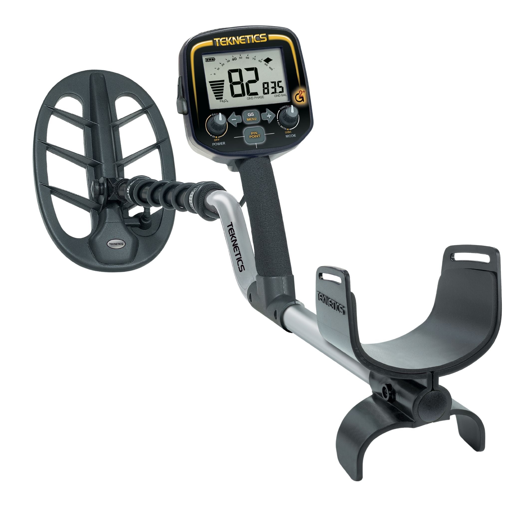 Teknetics G2+ metal detector with 11 inch Bi-Axial DD coil on white background