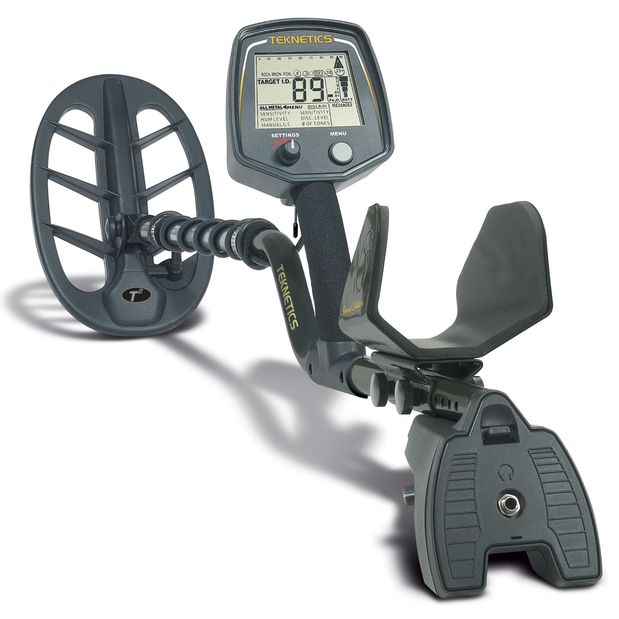Teknetics T2 Special Edition black metal detector with 11 inch DD coil on white background
