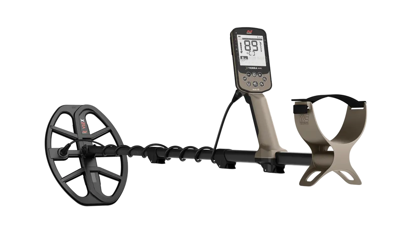 Minelab X-Terra Elite metal detector, angled product view, showing the tan control pod with X-Terra Elite display, armrest, collapsible shaft, and V12X Double-D search coil