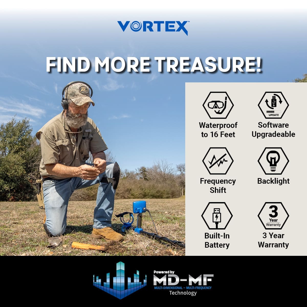 Detectorist kneeling in a field with a Garrett Vortex VX5, Find More Treasure graphic listing waterproof to 16 feet, software upgradeable, frequency shift, backlight, built-in battery, 3 year warranty, MD-MF technology
