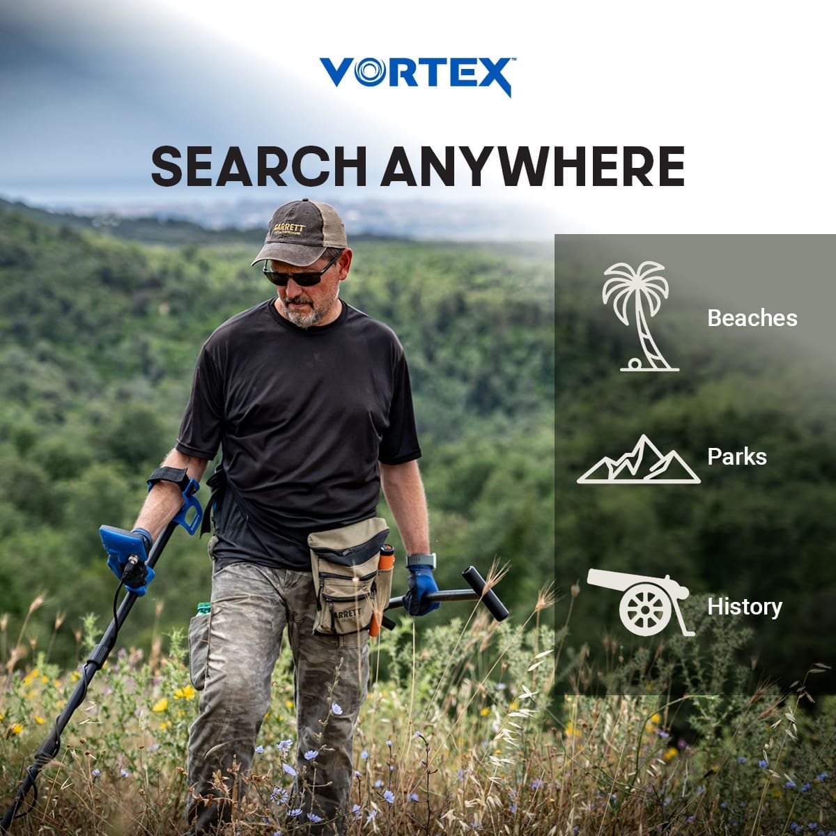 Garrett Vortex Search Anywhere graphic, a detectorist hunting a grassy hillside with the Vortex detector, marked for beaches, parks, and relic hunting
