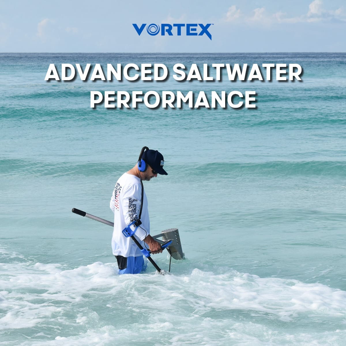 Garrett Vortex Advanced Saltwater Performance graphic, a detectorist wading in ocean surf with the Vortex detector and a sand scoop