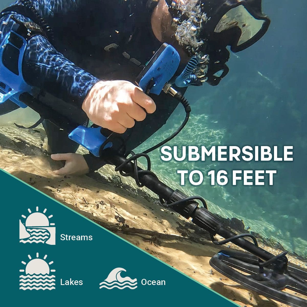 Diver using a Garrett Vortex metal detector underwater, Submersible to 16 Feet graphic with streams, lakes, and ocean icons