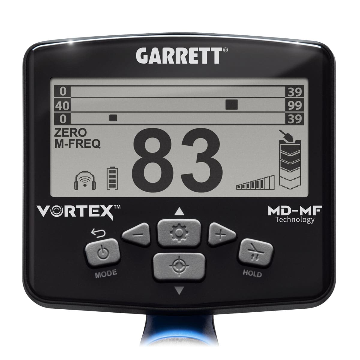 Garrett Vortex VX9 control head display close-up showing the 3-tier MD-MF Target ID scales, a target number of 83, battery and headphone icons, and mode buttons