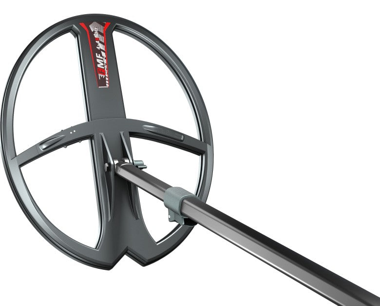 XP 13x11 in (34x28 cm) FMF search coil with lower stem, studio view