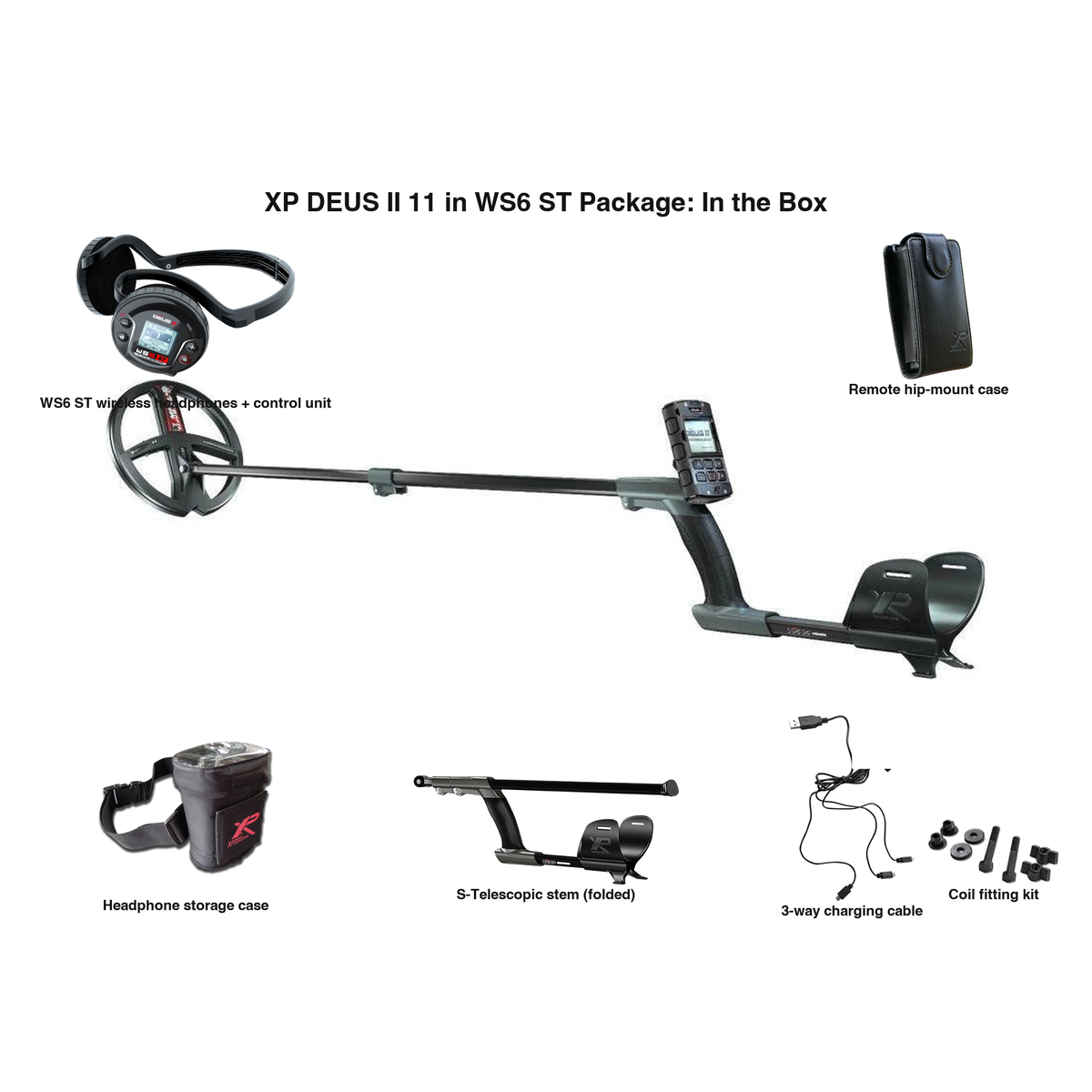 Labeled contents of the XP DEUS II 11 in WS6 ST package with part names: assembled detector, WS6 ST headphones, S-Telescopic stem, hip-mount case, headphone case, charging cable, coil fitting kit