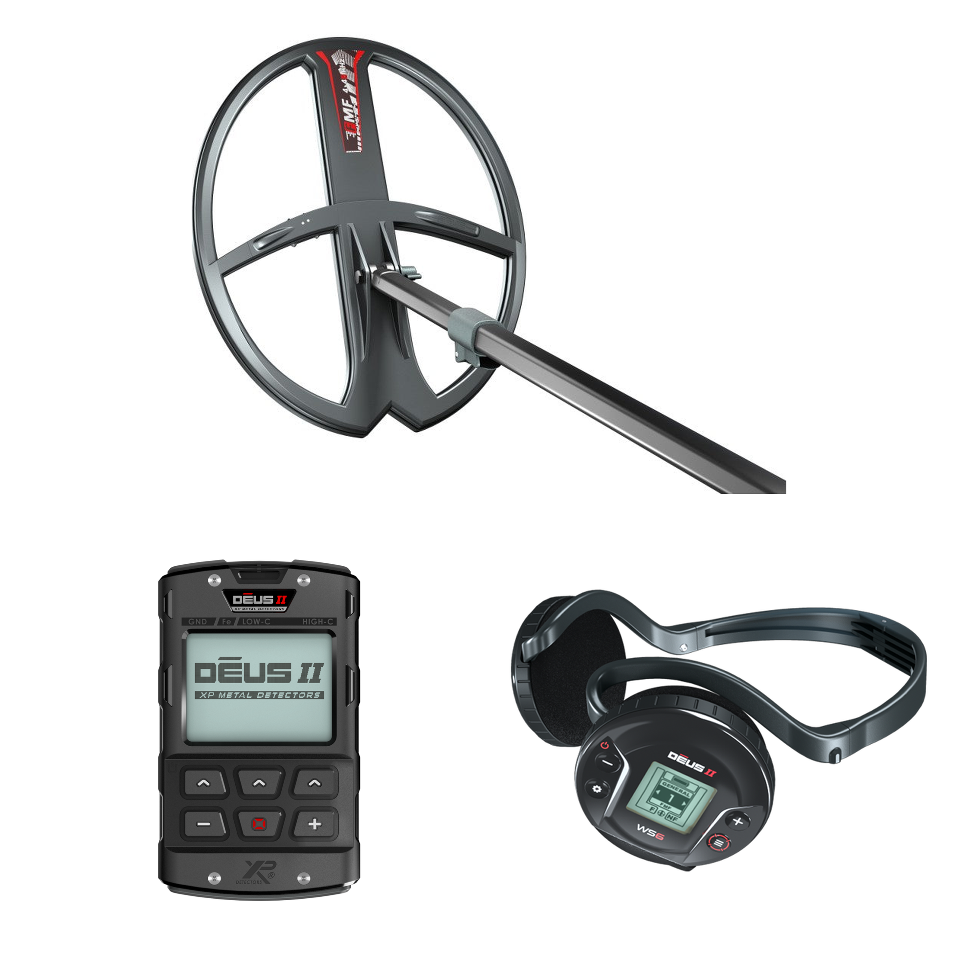 XP DEUS II 13x11 in WS6 closeout package contents: 13x11 in elliptical FMF search coil, RC remote and original WS6 wireless headphones