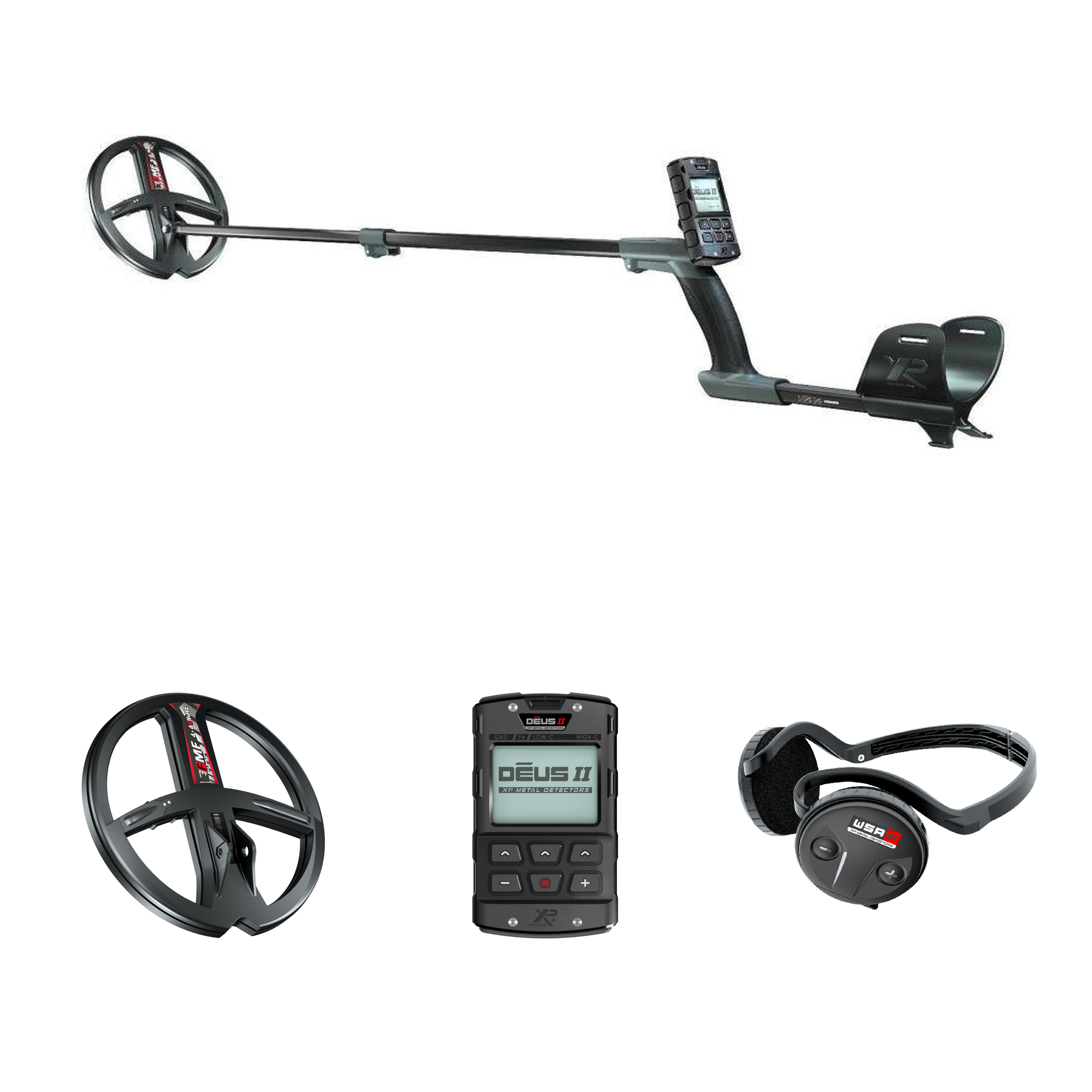 XP DEUS II 9 in WSA ST package contents: assembled detector with 9 in FMF coil, RC remote and WSA ST wireless stereo headphones
