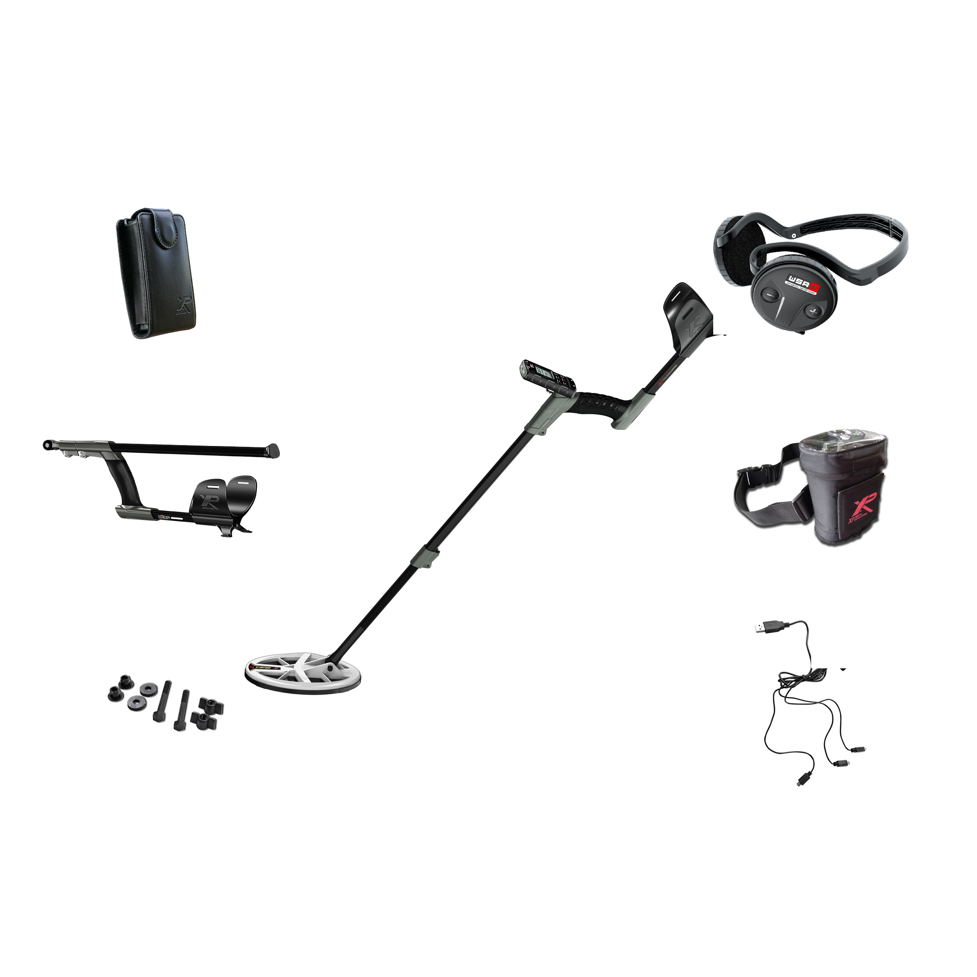 XP DEUS II Gold package contents: assembled detector with HF2 9.5 x 5 in elliptical search coil and remote control, WSA ST wireless headphones, S-Telescopic stem folded, remote hip-mount case, headphone storage case, 3-way charging cable, and coil fitting kit