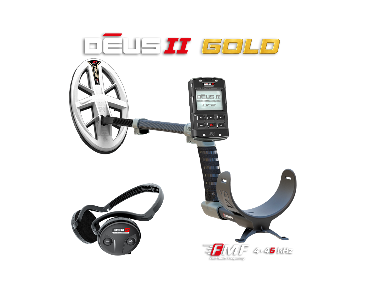 XP DEUS II Gold package: HF2 elliptical search coil, DEUS II remote control, and WSA-ST wireless headphones on stand