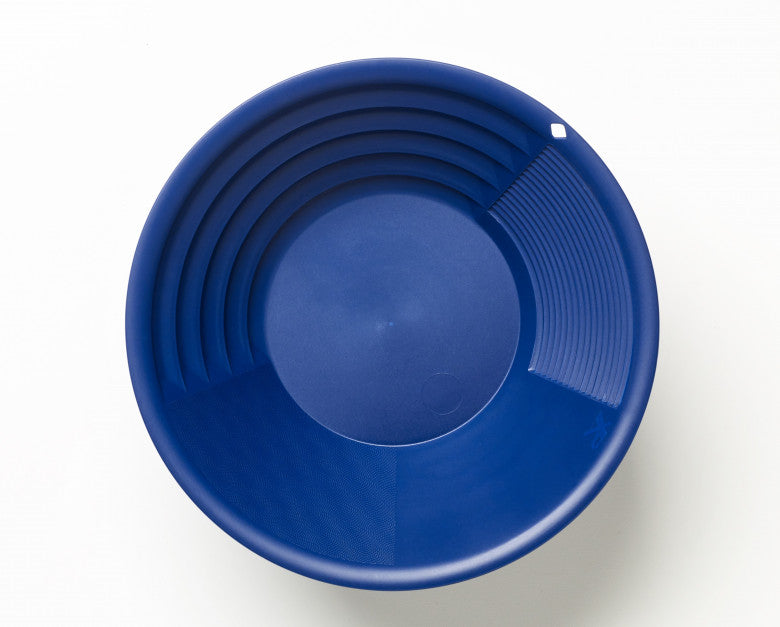 Top down view of the XP 27 cm (11 in) blue gold pan showing all four panning zones: large 90 degree riffles, mini riffles, snake skin texture and the flat base