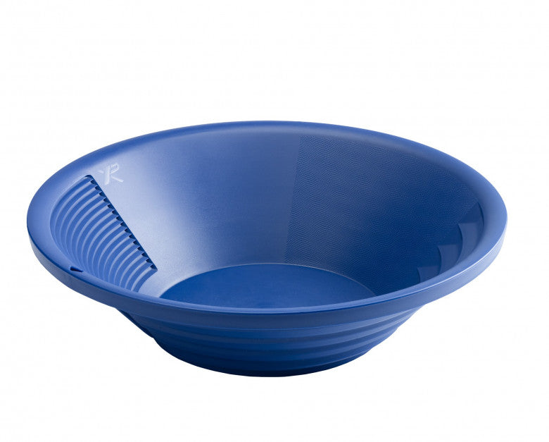XP 27 cm (11 in) blue gold finishing pan showing the mini riffles and the snake skin texture that traps fine gold