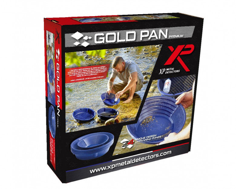 XP Gold Pan Premium Kit retail box showing a prospector panning gold in a creek with the XP pans and classifiers