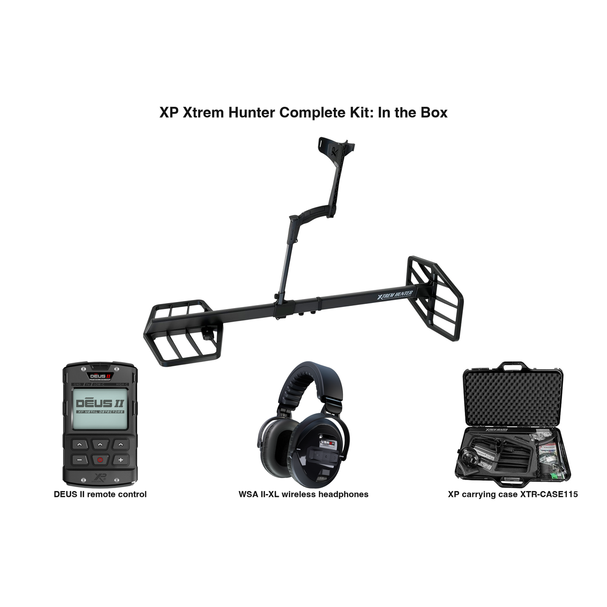 Labeled contents of the XP Xtrem Hunter complete kit with part names: frame with front and back coils, DEUS II remote, WSA II-XL wireless headphones, XTR-CASE115 case