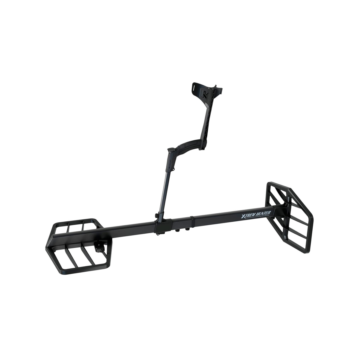 XP Xtrem Hunter deep-seeking two-box metal detector frame with both coils mounted, studio view