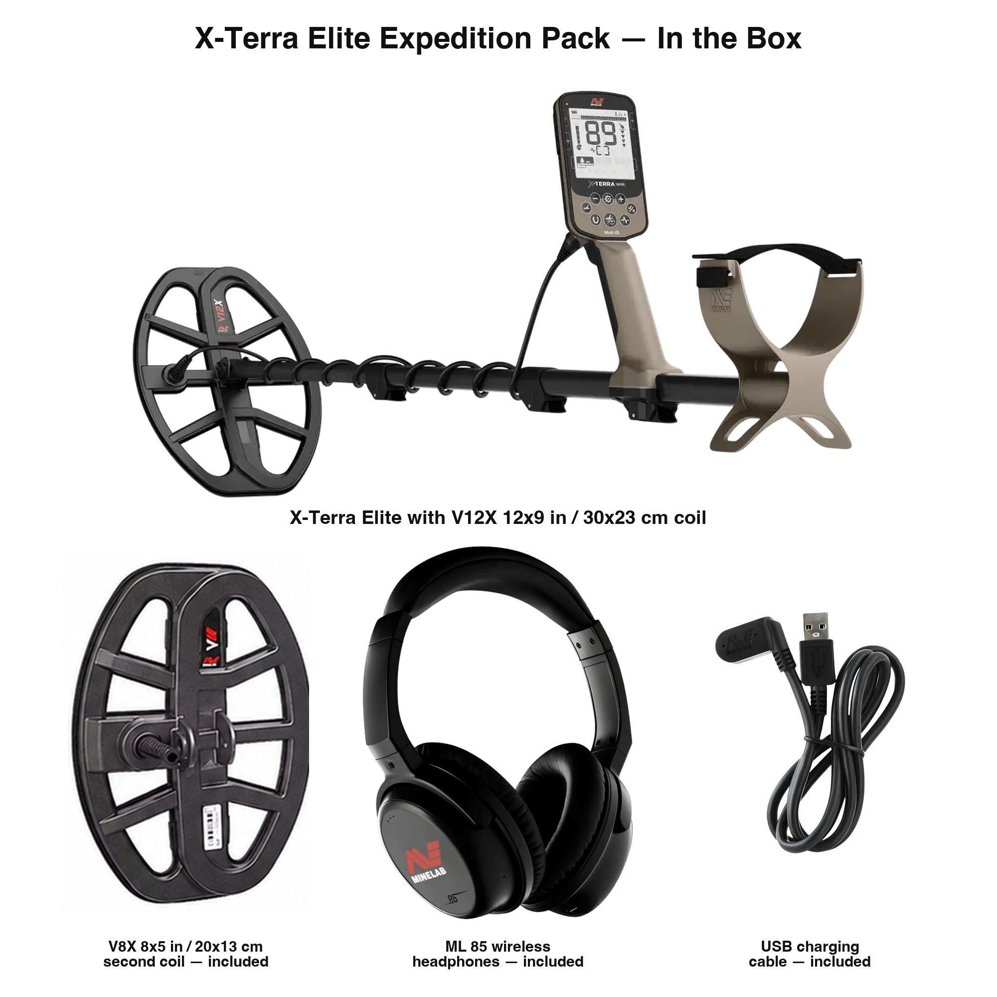 Labeled in-box contents of the Minelab X-Terra Elite Expedition Pack with part names