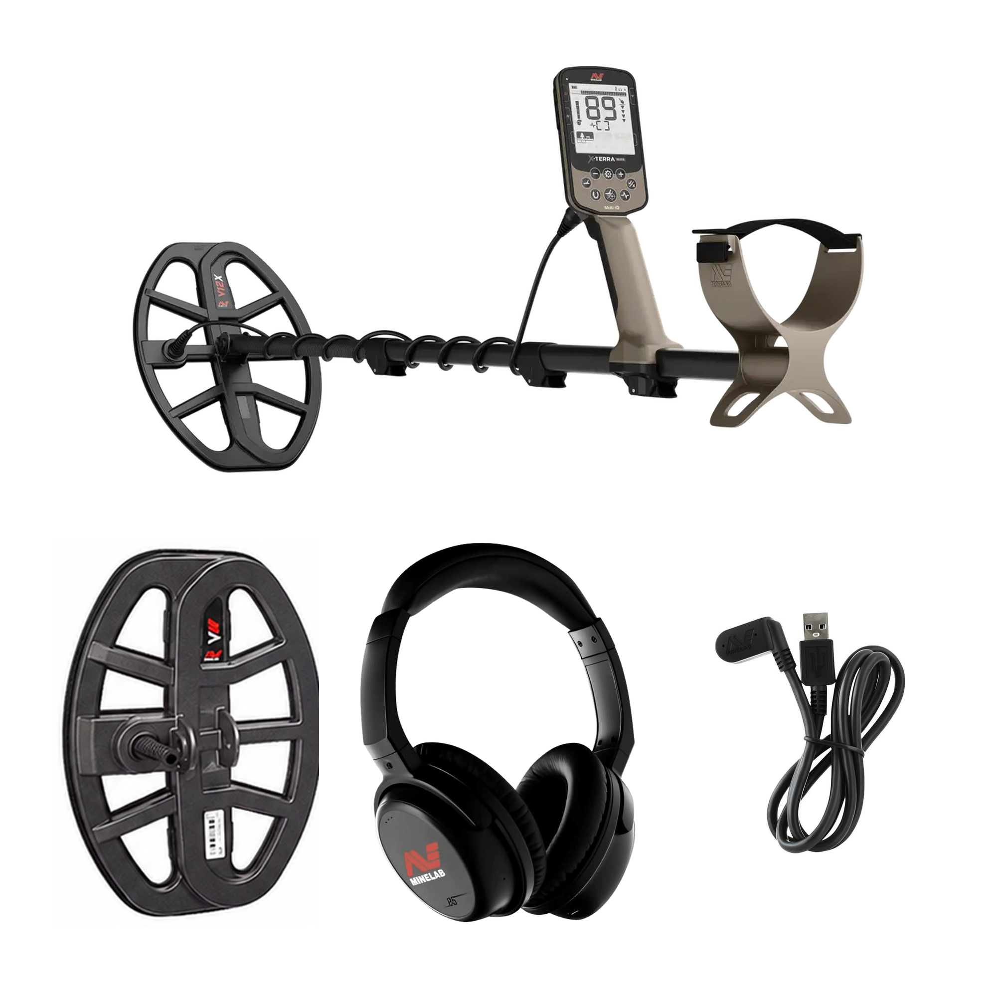 Minelab X-Terra Elite Expedition Pack in-box contents: X-Terra Elite with V12X coil, V8X second coil, ML 85 wireless headphones and USB charging cable